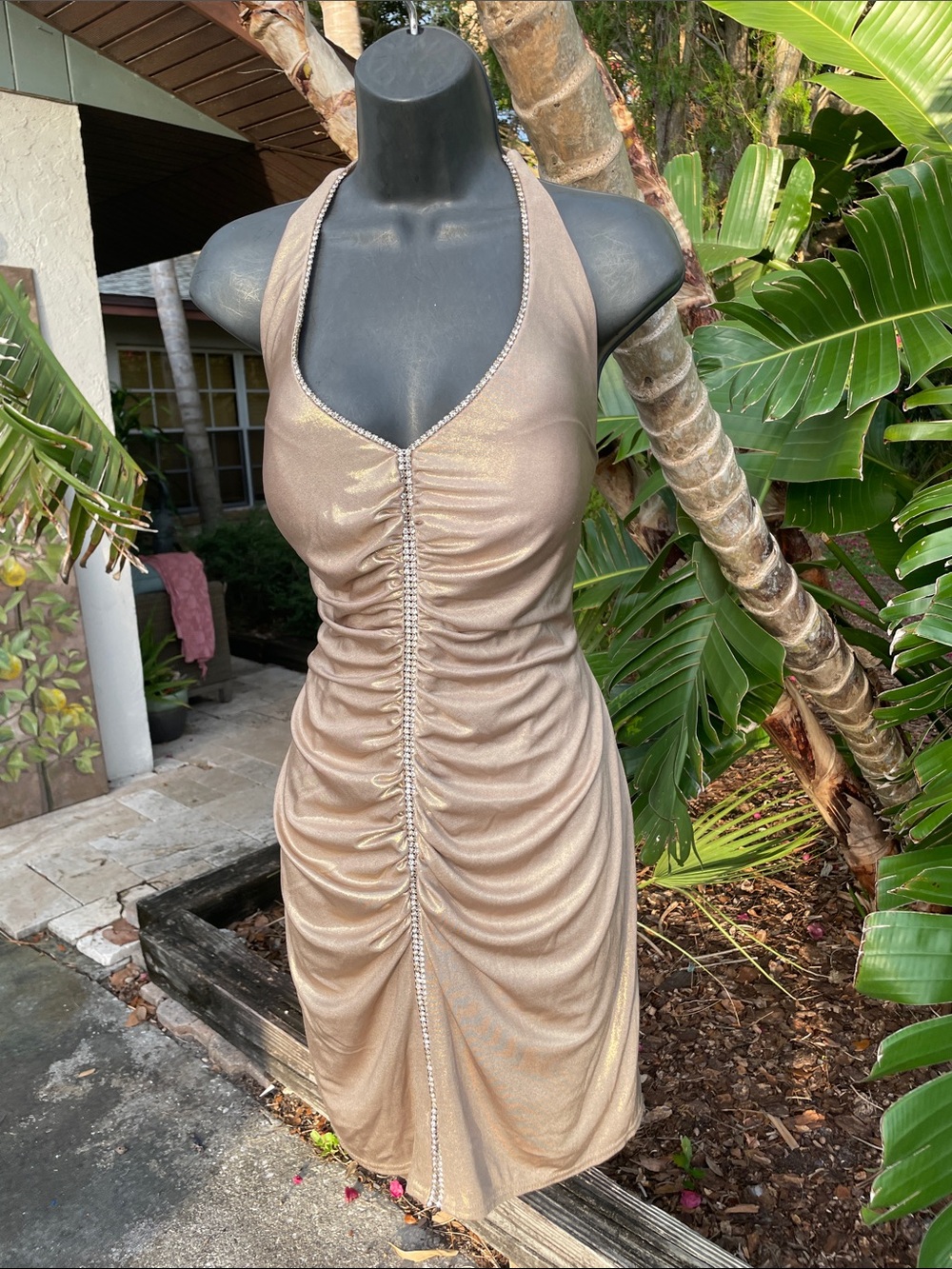 metallic Gold lame crystal trim, halter mini dress